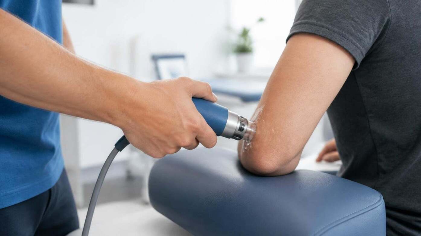 Clinician applying a handheld shockwave therapy device to the outside of a patient's elbow for tennis elbow