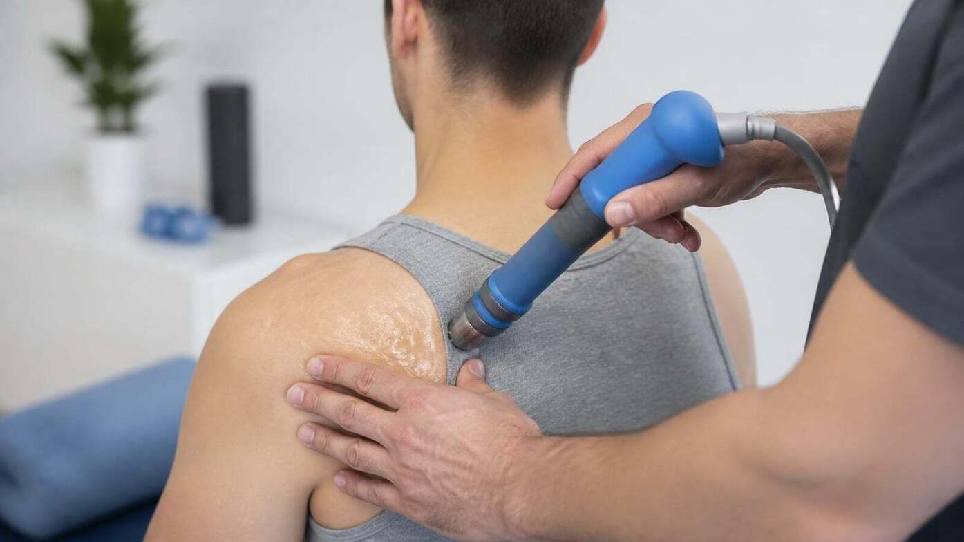 Clinician applying a handheld shockwave therapy device to the top of a patient's shoulder for calcific tendinitis